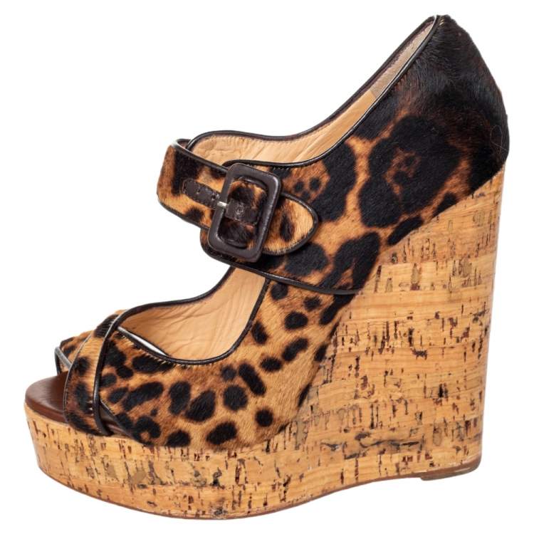 Louboutin Brown Leopard Print Pony Hair Melides Cork Wedge Sandals Size 38.5 Christian | TLC