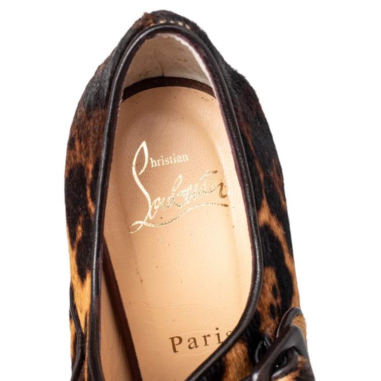 Pre Owned Christian Louboutin Brown Leopard Print Pony Hair Melides Cork Wedge Sandals Size 38.5