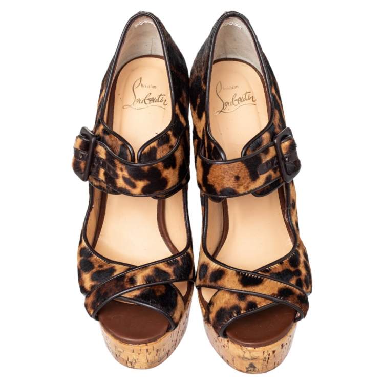 Pre Owned Christian Louboutin Brown Leopard Print Pony Hair Melides Cork Wedge Sandals Size 38.5