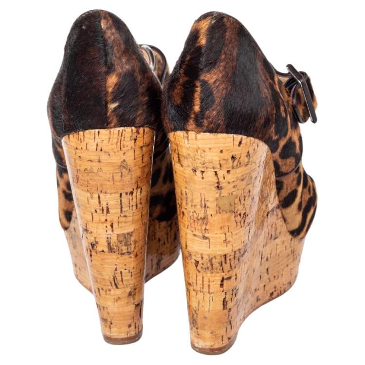 Pre Owned Christian Louboutin Brown Leopard Print Pony Hair Melides Cork Wedge Sandals Size 38.5