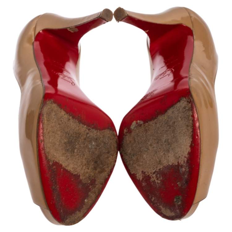 Pre Owned Christian Louboutin Beige Patent Leather Very Prive Peep Toe Pumps Size 35.5