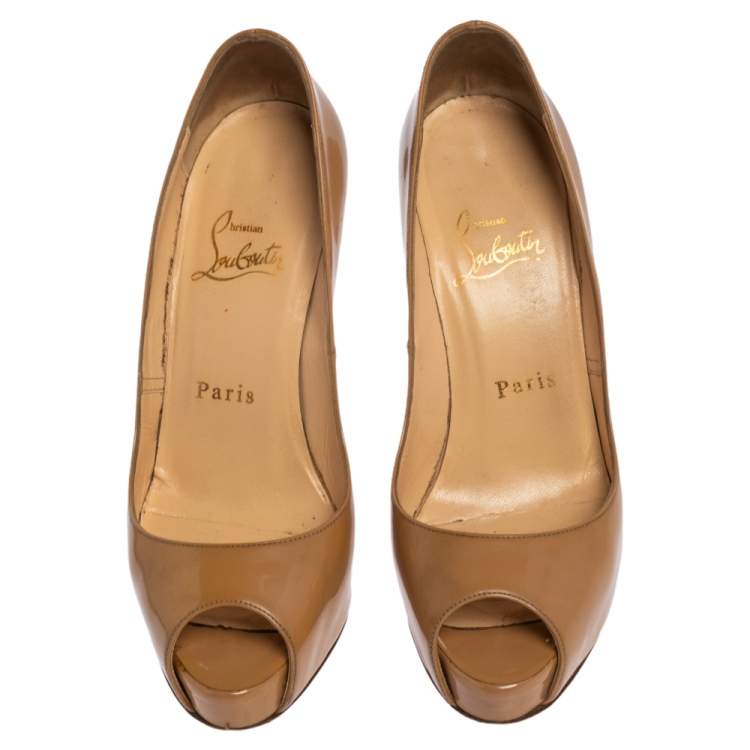 Pre Owned Christian Louboutin Beige Patent Leather Very Prive Peep Toe Pumps Size 35.5