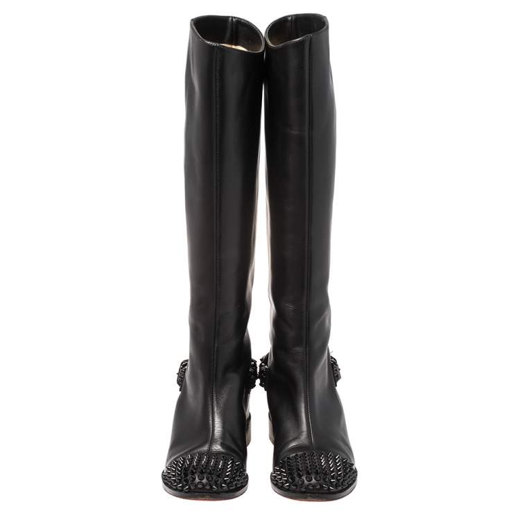 مملوكة مسبقًا Christian Louboutin Black Leather Spike Cap Toe Egoutina Knee Boots Size 38