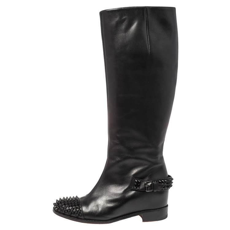 مملوكة مسبقًا Christian Louboutin Black Leather Spike Cap Toe Egoutina Knee Boots Size 38