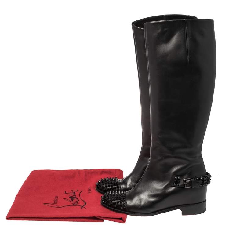 مملوكة مسبقًا Christian Louboutin Black Leather Spike Cap Toe Egoutina Knee Boots Size 38