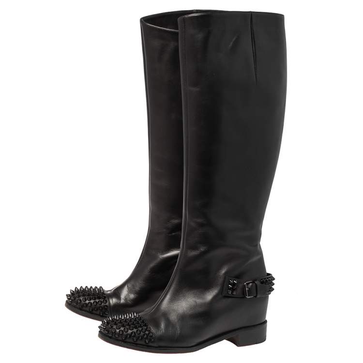 مملوكة مسبقًا Christian Louboutin Black Leather Spike Cap Toe Egoutina Knee Boots Size 38