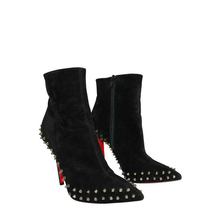 Pre Owned Christian Louboutin Black Leather Suede Studs Boots Size EU 40.5
