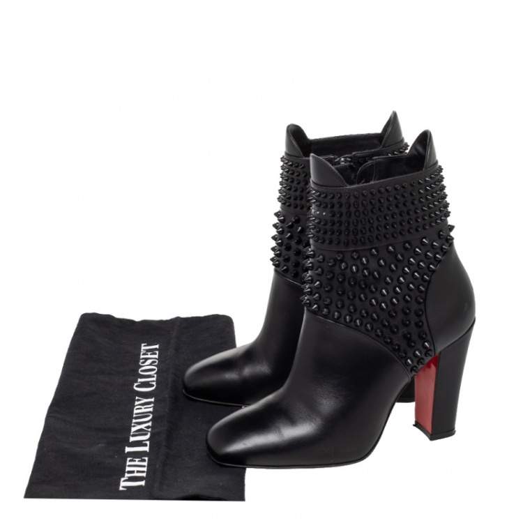 Pre Owned Christian Louboutin Black Leather Praguoise Ankle Length Boots Size 36.5