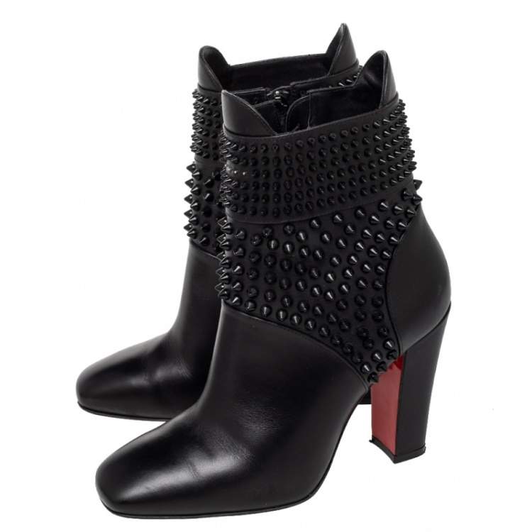 Pre Owned Christian Louboutin Black Leather Praguoise Ankle Length Boots Size 36.5