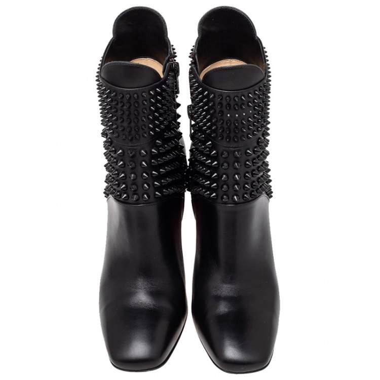 Pre Owned Christian Louboutin Black Leather Praguoise Ankle Length Boots Size 36.5