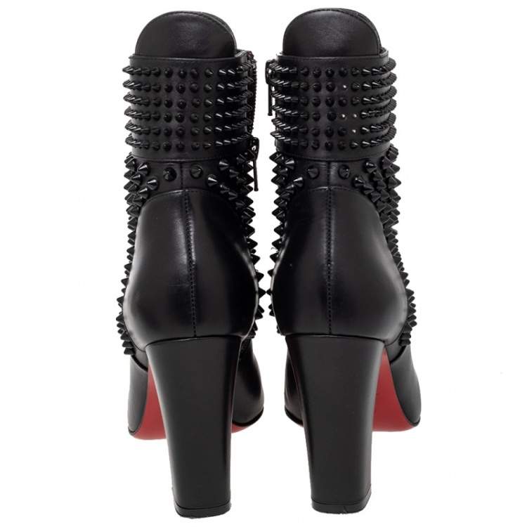 Pre Owned Christian Louboutin Black Leather Praguoise Ankle Length Boots Size 36.5