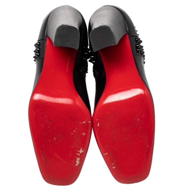Pre Owned Christian Louboutin Black Leather Praguoise Ankle Length Boots Size 36.5