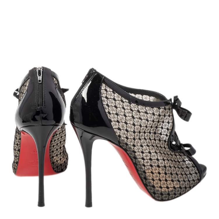 Pre Owned Christian Louboutin Black Patent Leather And Lace Empiralta  Ankle Booties Size 39