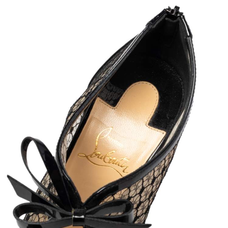 Pre Owned Christian Louboutin Black Patent Leather And Lace Empiralta  Ankle Booties Size 39