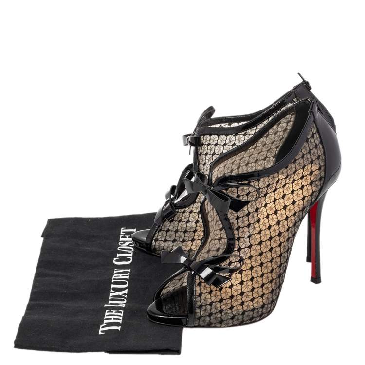 Pre Owned Christian Louboutin Black Patent Leather And Lace Empiralta  Ankle Booties Size 39