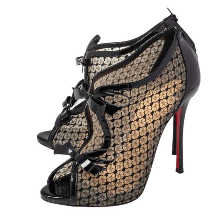 Pre Owned Christian Louboutin Black Patent Leather And Lace Empiralta  Ankle Booties Size 39