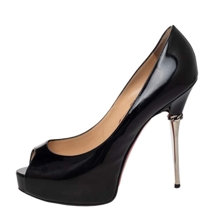 Pre Owned Christian Louboutin Black Patent Leather Miss Desprez Chain Detail Peep Toe Pumps Size 38.5