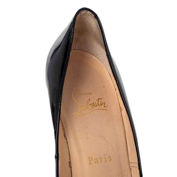 Pre Owned Christian Louboutin Black Patent Leather Miss Desprez Chain Detail Peep Toe Pumps Size 38.5