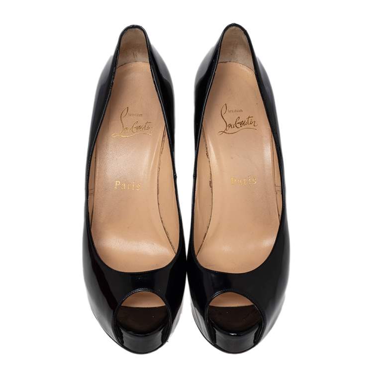 Pre Owned Christian Louboutin Black Patent Leather Miss Desprez Chain Detail Peep Toe Pumps Size 38.5