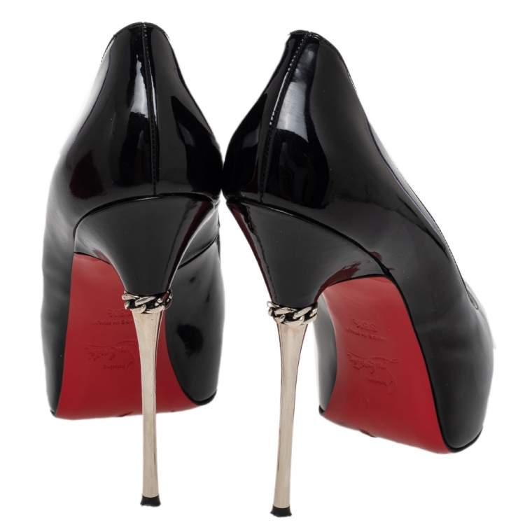 Pre Owned Christian Louboutin Black Patent Leather Miss Desprez Chain Detail Peep Toe Pumps Size 38.5