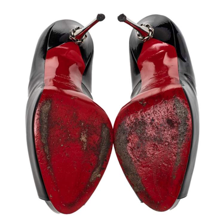 Pre Owned Christian Louboutin Black Patent Leather Miss Desprez Chain Detail Peep Toe Pumps Size 38.5