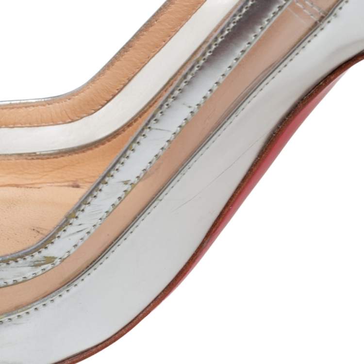 Pre Owned Christian Louboutin Silver Leather, PVC Paulina Slingback Pumps Size 39