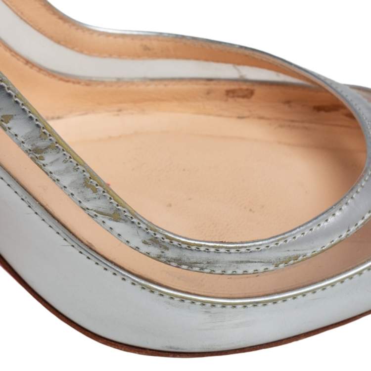 Pre Owned Christian Louboutin Silver Leather, PVC Paulina Slingback Pumps Size 39