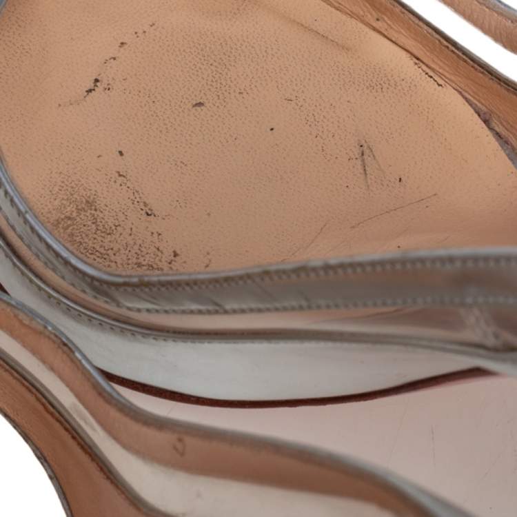 Pre Owned Christian Louboutin Silver Leather, PVC Paulina Slingback Pumps Size 39