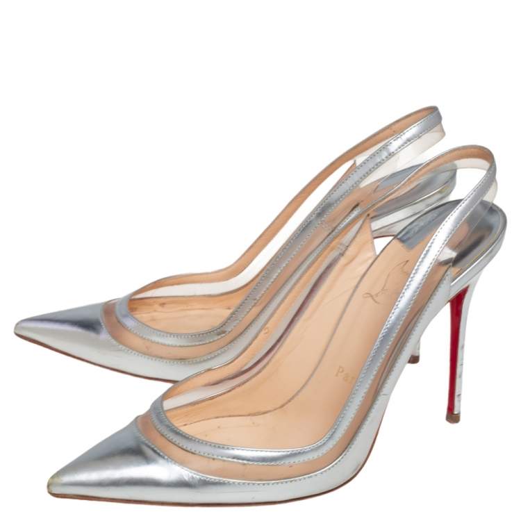 Pre Owned Christian Louboutin Silver Leather, PVC Paulina Slingback Pumps Size 39