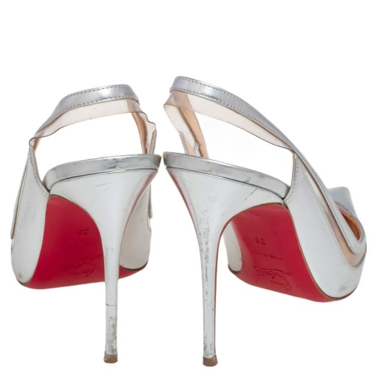 Pre Owned Christian Louboutin Silver Leather, PVC Paulina Slingback Pumps Size 39