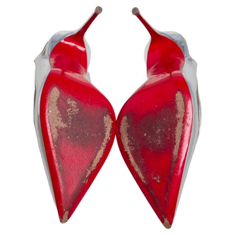 Pre Owned Christian Louboutin Silver Leather, PVC Paulina Slingback Pumps Size 39