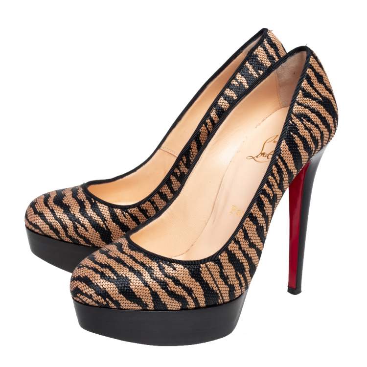 Pre Owned Christian Louboutin Two Tone Raffia Bianca Panama Tiger Weave Platform Pumps Size 37.5
