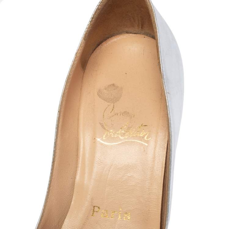 Pre Owned Christian Louboutin Metallic Silver Leather Peep Toe Wedge  Pumps Size 39