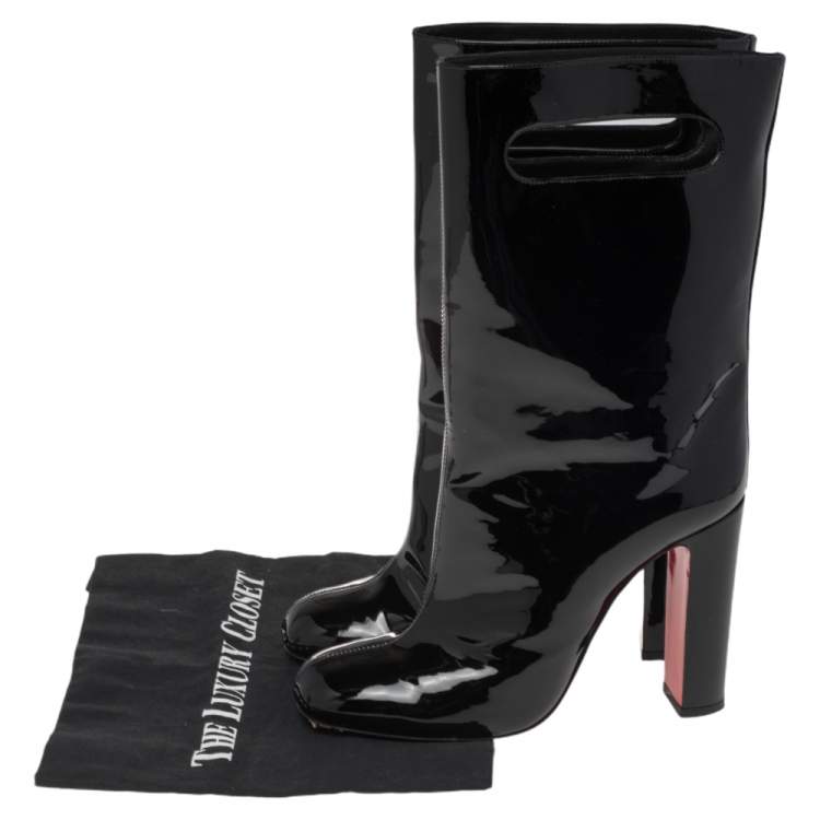 Pre Owned Christian Louboutin Black Patent Leather Tomette Mid Calf Boots Size 38.5