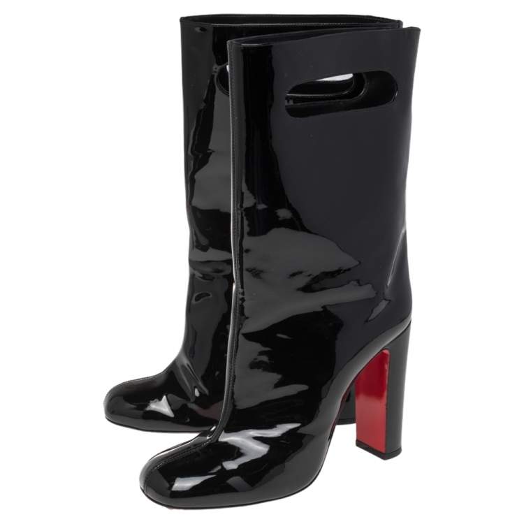 Pre Owned Christian Louboutin Black Patent Leather Tomette Mid Calf Boots Size 38.5