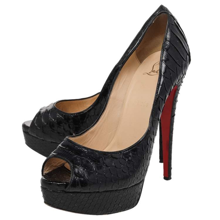Pre Owned Christian Louboutin Black Python Leather Lady Peep Toe Platform Pumps Size 38.5