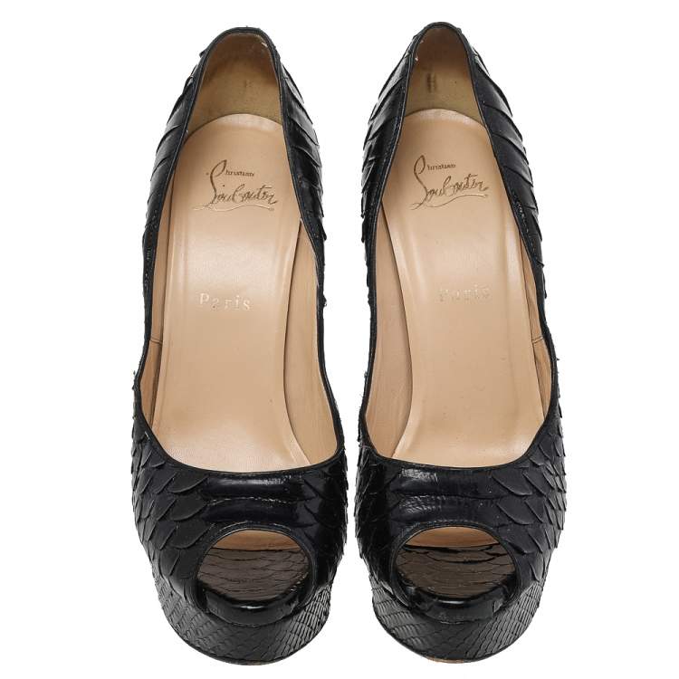 Pre Owned Christian Louboutin Black Python Leather Lady Peep Toe Platform Pumps Size 38.5