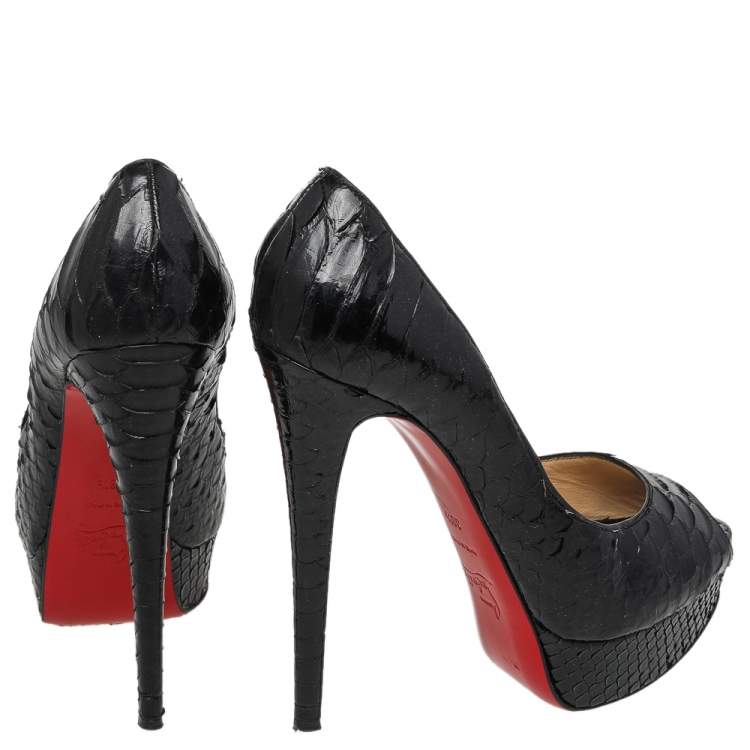 Pre Owned Christian Louboutin Black Python Leather Lady Peep Toe Platform Pumps Size 38.5
