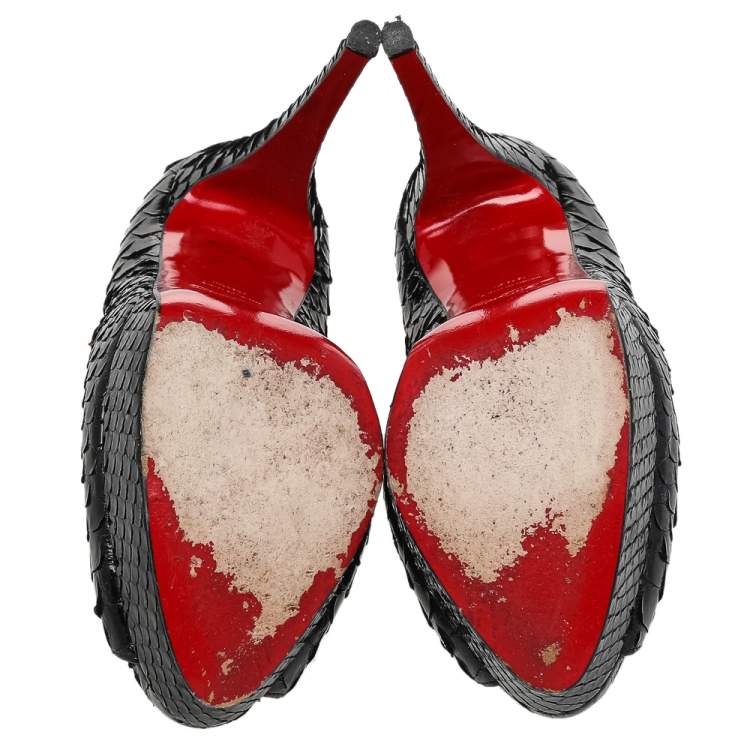 Pre Owned Christian Louboutin Black Python Leather Lady Peep Toe Platform Pumps Size 38.5