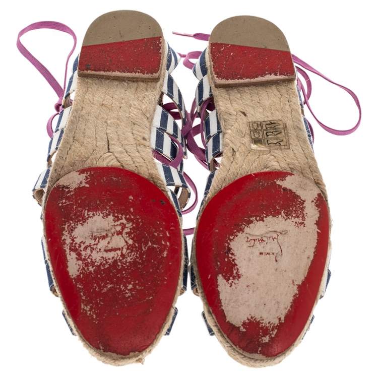 Pre Owned Christian Louboutin Multicolor Fabric Espadrille Ankle Wrap Flat Sandals Size 36