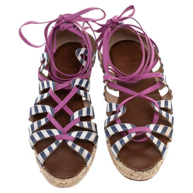 Pre Owned Christian Louboutin Multicolor Fabric Espadrille Ankle Wrap Flat Sandals Size 36