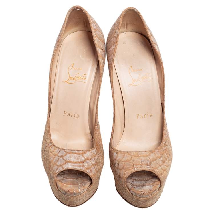 Pre Owned Christian Louboutin Beige Python Embossed Cork Lady Peep Toe Platform Pumps Size 36.5