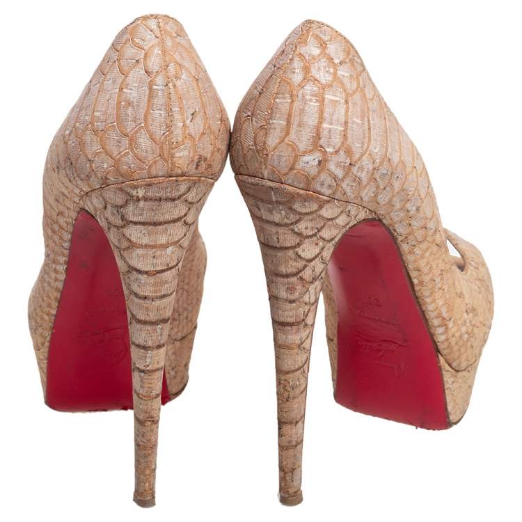 Pre Owned Christian Louboutin Beige Python Embossed Cork Lady Peep Toe Platform Pumps Size 36.5