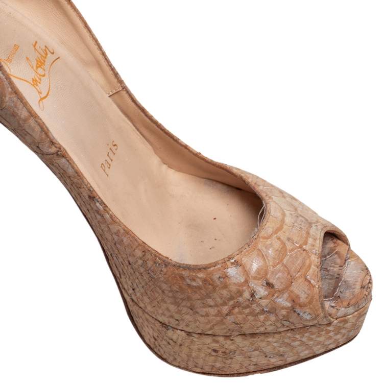 Pre Owned Christian Louboutin Beige Python Embossed Cork Lady Peep Toe Platform Pumps Size 36.5