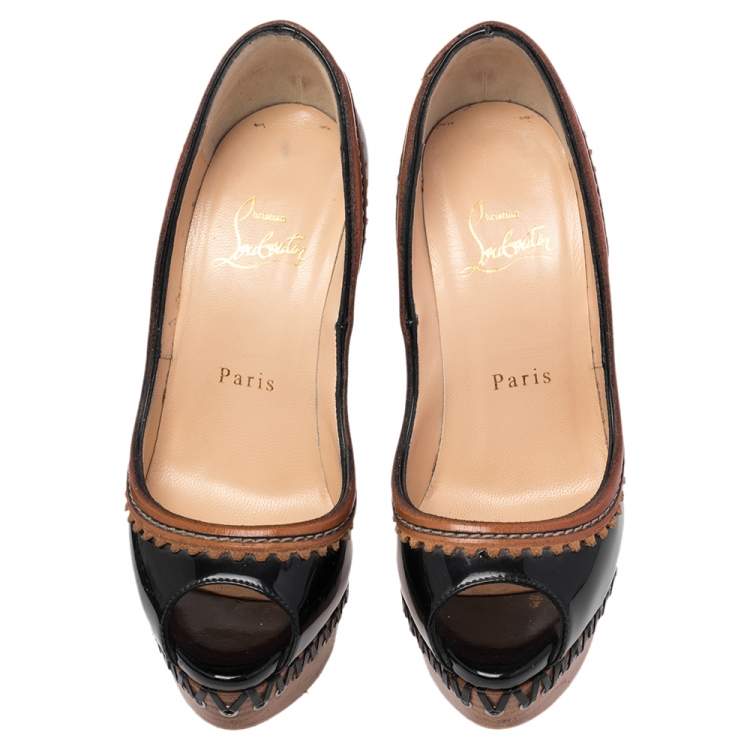 Pre Owned Christian Louboutin Black/Beige Patent Leather and Wood Trepi Prive Peep Toe Pumps Size 35