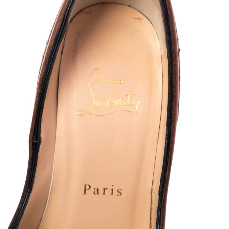 Pre Owned Christian Louboutin Black/Beige Patent Leather and Wood Trepi Prive Peep Toe Pumps Size 35