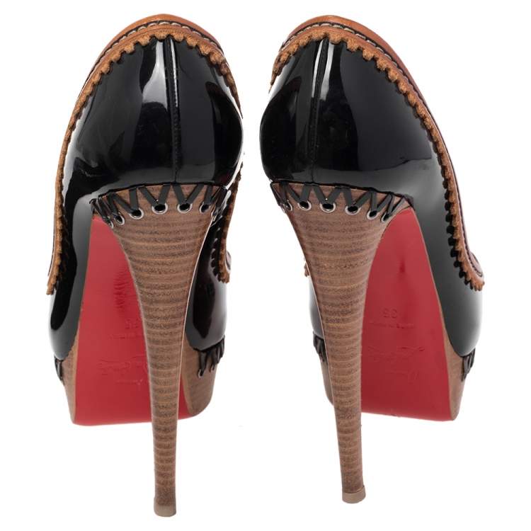 Pre Owned Christian Louboutin Black/Beige Patent Leather and Wood Trepi Prive Peep Toe Pumps Size 35