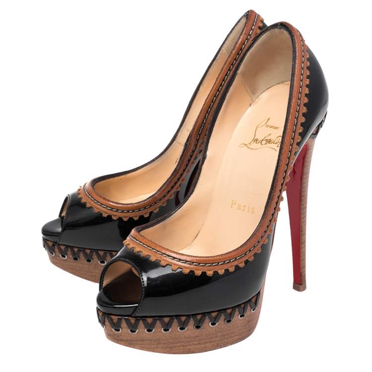 Pre Owned Christian Louboutin Black/Beige Patent Leather and Wood Trepi Prive Peep Toe Pumps Size 35