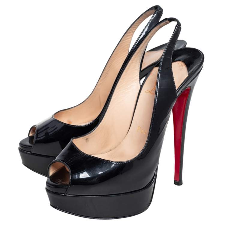 Pre Owned Christian Louboutin Black Patent Leather Lady Peep Toe Platform Slingback Pumps Size 35.5