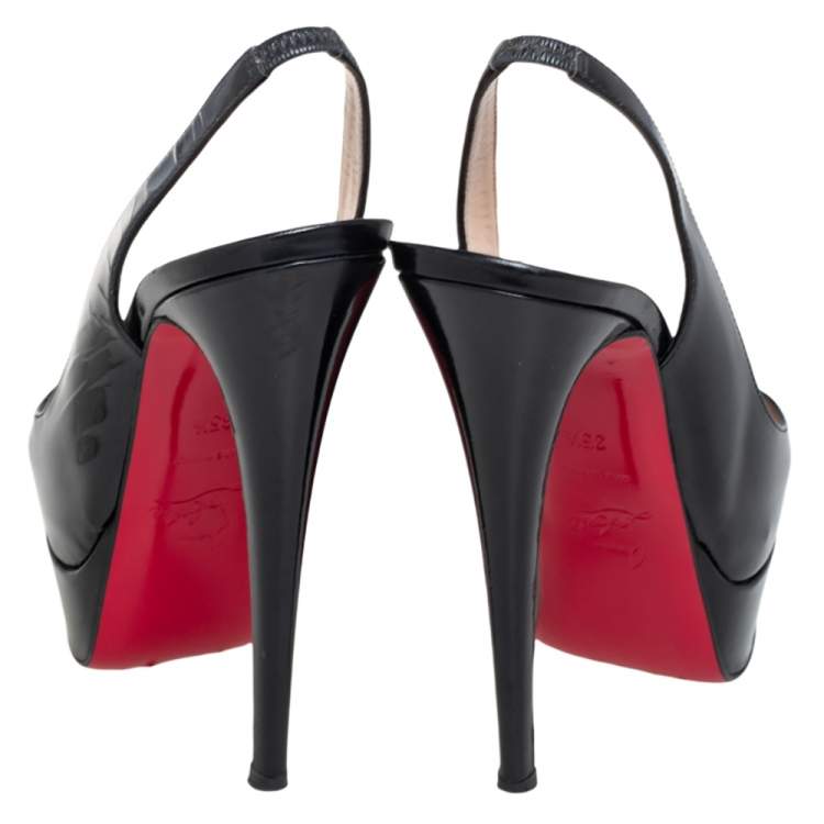Pre Owned Christian Louboutin Black Patent Leather Lady Peep Toe Platform Slingback Pumps Size 35.5